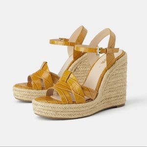 Zara Faux Leather Yellow Wedge Espadrille Sandals